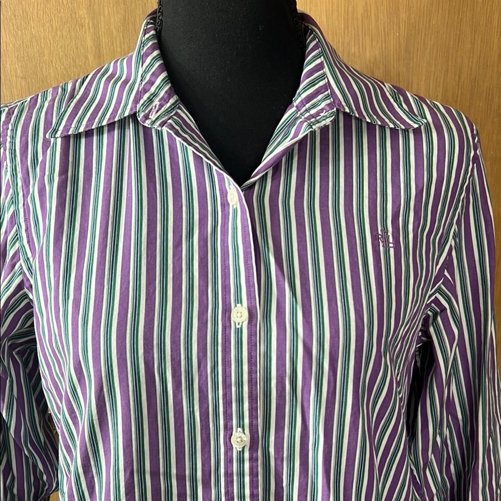 Vintage Ralph Lauren Petite Green and Purple Striped Button Up - Picture 1 of 6